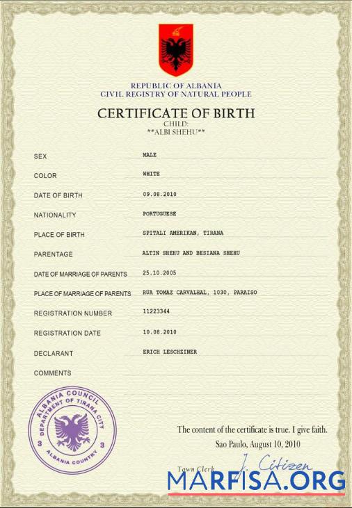 Realistic Albania birth certificate PSD template